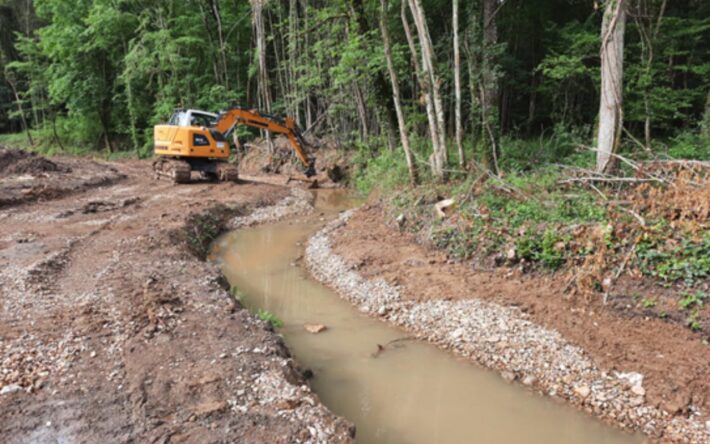 La création de banquettes sur le bord du ruisseau est propice à la végétalisation et permet de recréer une dynamique de cours d’eau - Crédits photo : SAVI