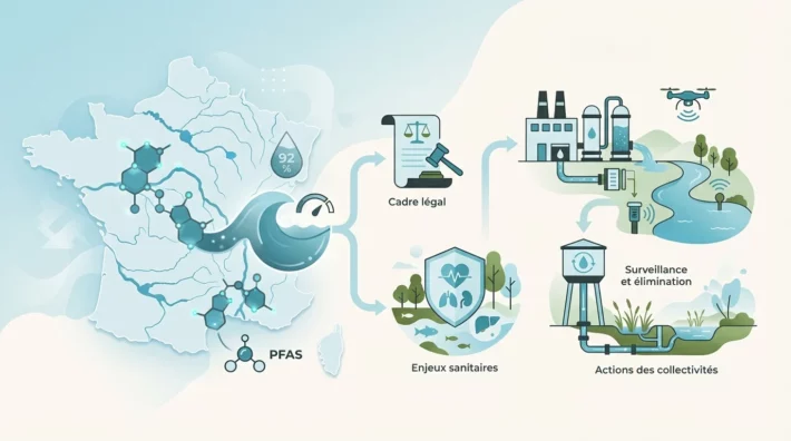 Schéma expliquant la gestion des PFAS dans l'eau, leur impact sanitaire et les actions des collectivités