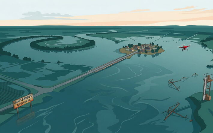 Illustration d'une crue saisonnière non maîtrisée par l'absence d'infrastructures, village submergé et faillite technique à l'aube.