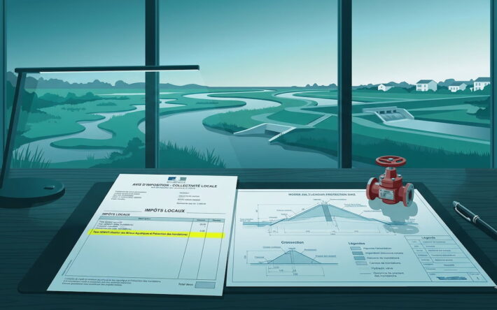 Bureau d'élu local montrant un avis d'imposition avec la taxe gemapi surligné à coté d'un plan de digue et d'un cours d'eau restauré