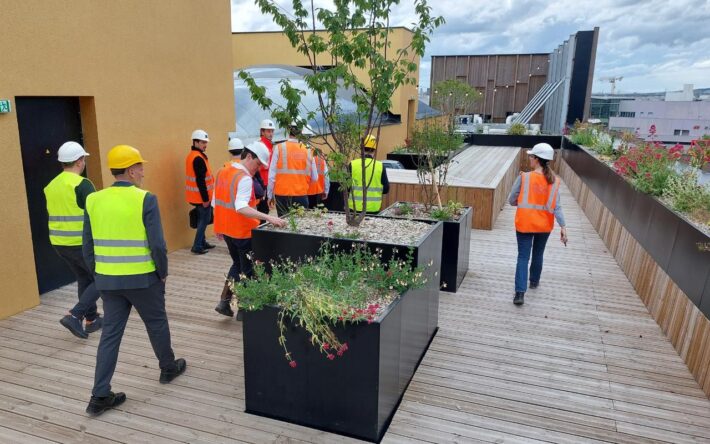 Les différents aménagements végétalisés OASIS (jardinières, platelage, dallage), en toiture-terrasse installés sur les sous-bacs support – Crédits photo : Le Prieuré