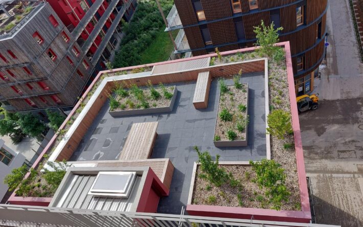 Aménagement végétalisé sur une des toitures-terrasses du Village Athlètes « Empreintes » sur l’Ile St Denis – Crédits photo : Le Prieuré