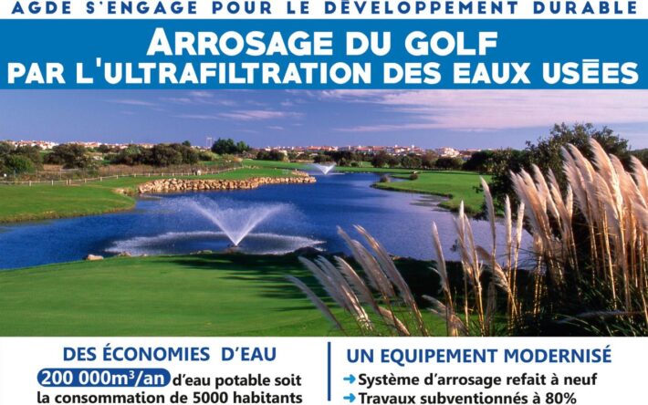 Panneau présentant les modalités d'arrosage du golf du Cap d'Agde - Crédits photo : Banque des Territoires