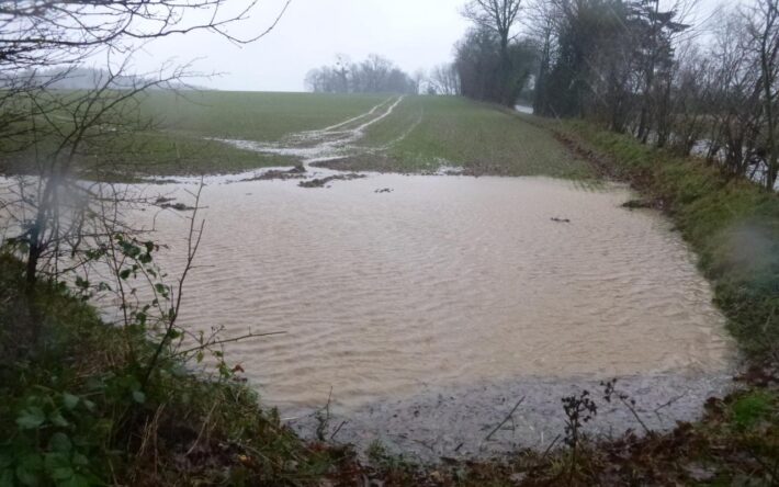 Avec les importantes précipitations normandes, le phénomène d’érosion hydrique des sols, ici bien visible sur une parcelle. L'aménagement d’un talus permet de contenir cette eau – Crédits photo : Banque des Territoires