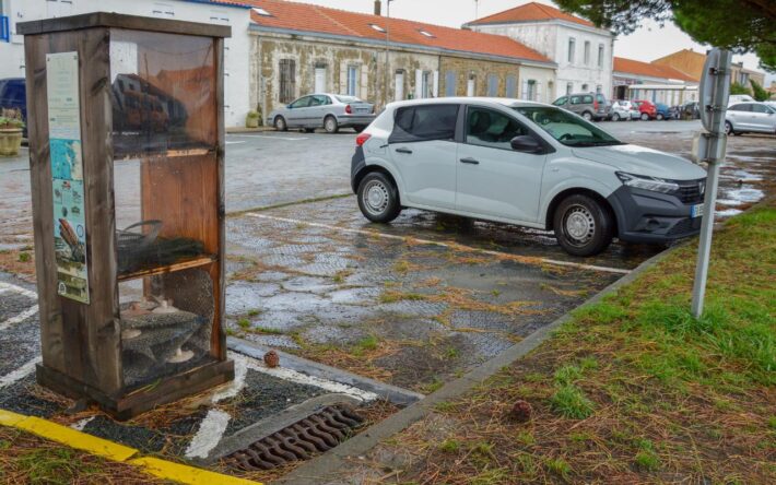 Les eaux de pluie peuvent s’infiltrer en profondeur sur ces places de parking composées de dalles en plastique qui s'emboîtent – Crédits photo : Banque des Territoires