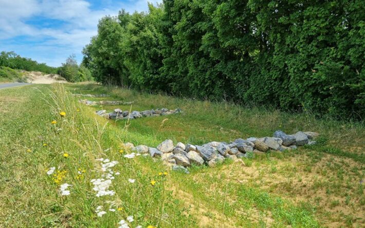 La noue et ses 7 redents facilitent l’infiltration de l’eau tout au long de son parcours - Crédits photo : Syndicat Entente Oise-Aisne