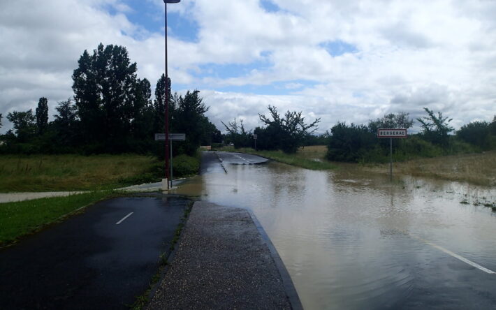 Dans le quartier du Tounet, dans le secteur sud de Bergerac, des inondations ont été constatées le 6 juin 2018, à proximité notamment du ruisseau de la Gabanelle. 
Photographie prise le 6 juin 2018 - Crédits photo : EPIDOR