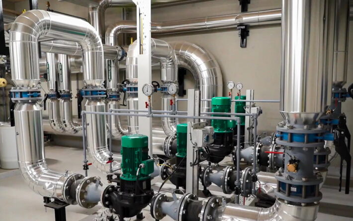 Vue sur l’intérieur du bâtiment de récupération des calories qui permet de produire de l’eau chaude et de la distribuer sur l’ensemble du site pour le chauffage ainsi que le bâtiment d’exploitation et les bâtiments administratifs du SIAH - Crédits photo : SIAH