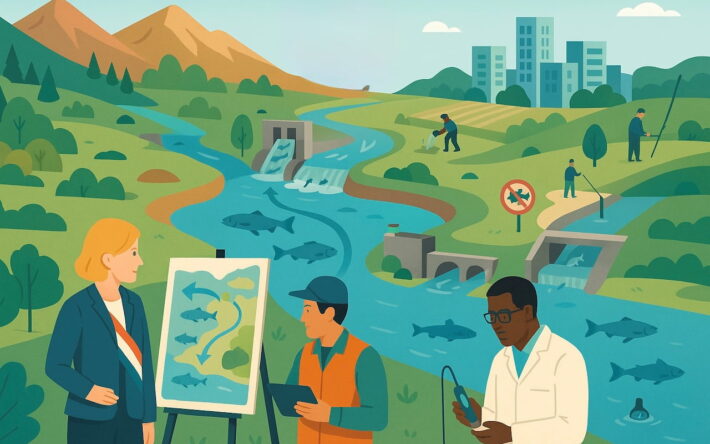 Illustration vectorielle d’un bassin versant, du sommet de la montagne jusqu’à la mer, montrant la migration des poissons amphihalins et les dispositifs mis en place pour leur préservation. Une élue, un technicien et un scientifique observent une carte des actions à mener. Des infrastructures comme des passes à poissons, des capteurs dans l’eau et des zones de reproduction restaurées ponctuent le territoire.