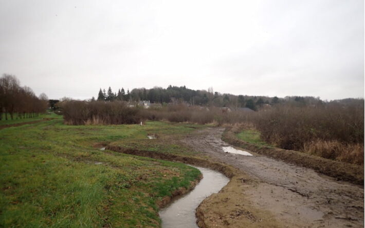 Le Cherruau a retrouvé son tracé d’origine et des mesures de prévention des inondations ont com-plété les travaux de restauration du cours d’eau : zone d’expansion des crues, merlons et reméan-drage ralentissant l’écoulement - Crédits photo : Banque des Territoires