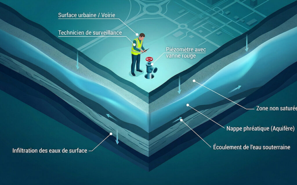 Coupe hydrogéologique 3D : technicien de bureau d'étude contrôlant un piézomètre au-dessus d'une nappe phréatique.