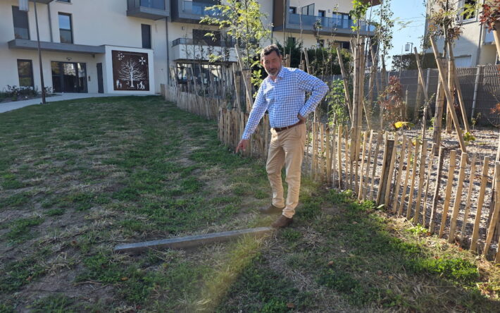 Une noue pour recueillir les eaux de pluie a été réalisée dans le cadre du réaménagement du centre-bourg. - Crédit photo : Banque des Territoires