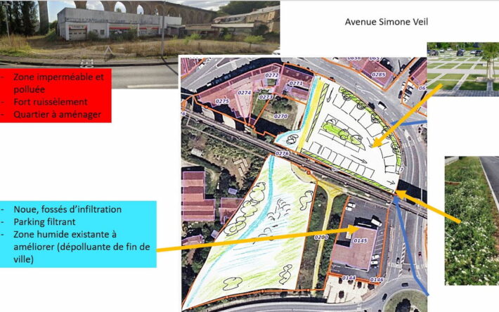 Cette friche industrielle est aménagée en parking filtrant avec des noues pour récupérer les eaux de ruissellement. Un chemin piéton permet de découvrir le ruisseau qui chemine dans une zone humide permettant de le dépolluer en sortie de ville - Crédits photo : Frédéric Fournier