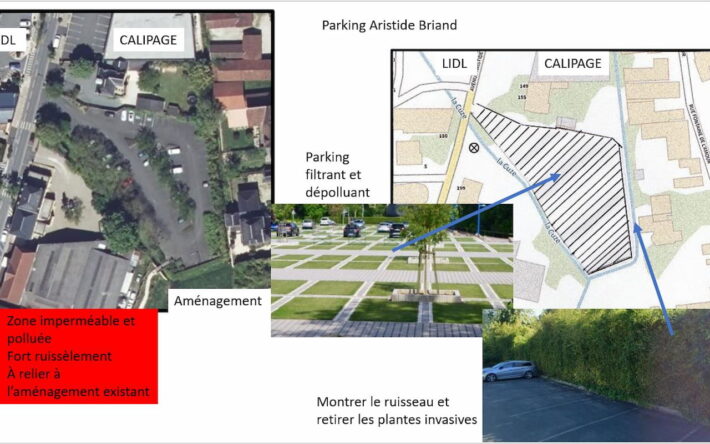A côté de la zone d'expansion de crue aménagée, le parking est désimperméabilisé pour favoriser les infiltrations dans la nappe et éviter les ruissellements pollués vers le ruisseau, mis en valeur de chaque côté du parking - Crédits photo : Frédéric Fournier