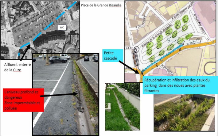 Dans le parking en plein centre, les élèves ont repéré que les larges caniveaux de chaque côté du parking étaient dangereux et qu'un aménagement de noues permettrait de ramener de la fraîcheur, de dépolluer, sans impacter l'ensemble du parking - Crédits photo : Frédéric Fournier