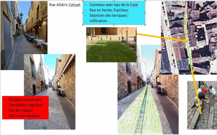 En plein cœur historique, enherber cette rue permet de ramener un îlot de fraîcheur favorisant l'utilisation des terrasses en saison touristique. La désimperméabilisation permet aussi de limiter les inondations dans ce point bas de la ville. Le caniveau permet de mettre à jour une partie du ruisseau qui coule en dessous et de combattre l'amnésie environnementale - Crédits photo : Frédéric Fournier