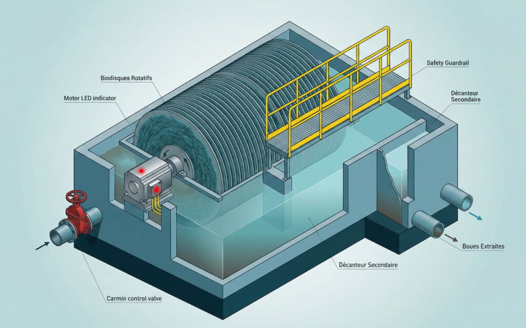 Schéma 3D isométrique d'une station d'épuration à biodisques montrant les cylindres totatifs partiellement immergés le moteur d'entrainement la vanne d'entrée et me décanteur secondaire
