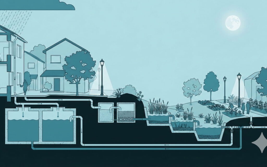 Schéma technique de récupération des eaux pluviales depuis des toitures stockage en cuves souterraines et infiltration par des bassins végétalisés dans un aménagement urbain.