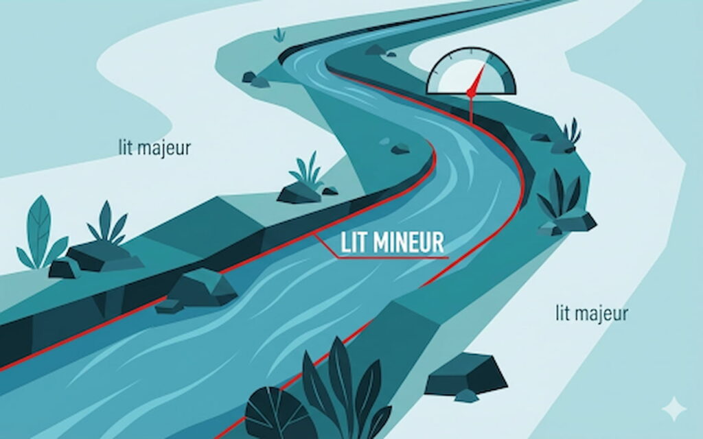 Illustration schématisant la différence entre le lit mineur d'une rivière (écoulement normal) et son lit majeur (zone inondable), avec une jauge de niveau