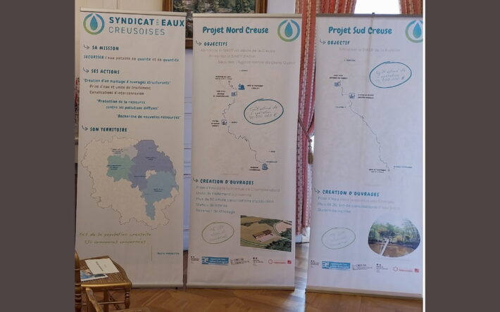 Signature de l'Accord de territoire portant sur : “ Sécurisation de l’alimentation en eau potable et économies d’eau sur le territoire de la Creuse”- photo présentant les différents projets à réaliser - Crédit photo : Syndicat des Eaux Creusoises