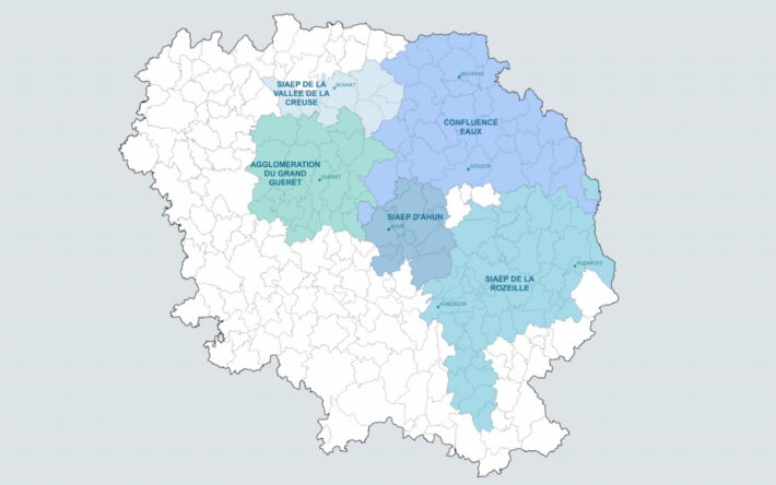 Carte illustrant le périmètre du Syndicat des Eaux Creusoises et ses cinq Unités de Gestion de l’Eau membres fondatrices. - Crédit photo : Syndicat des Eaux Creusoises
