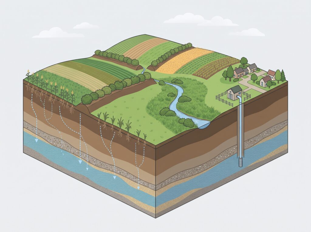 Bloc-diagramme d’un paysage agricole en coupe : bandes de cultures diversifiées séparées par des haies sur talus, prairie et ruisseau bordé de végétation, village et forage. Sous la surface, l’eau de pluie s’infiltre à travers les couches du sol jusqu’à la nappe qui alimente le captage d’eau potable.