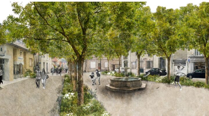 Croquis d'ambiance de la place Mirabeau dans une proposition d'aménagement végétalisé - Crédits photo : Mairie de Chinon